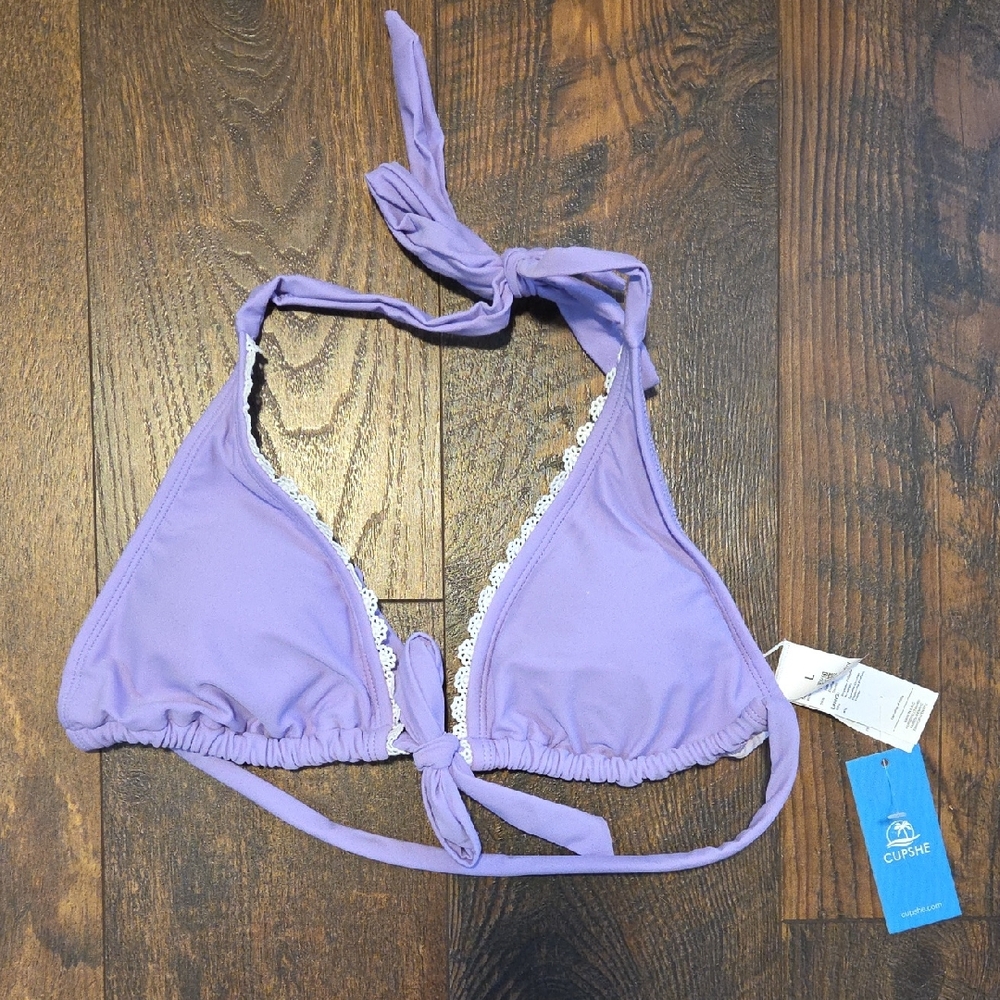 Cupshe Lilac Halter Triangle Bikini Top with Lace Accent